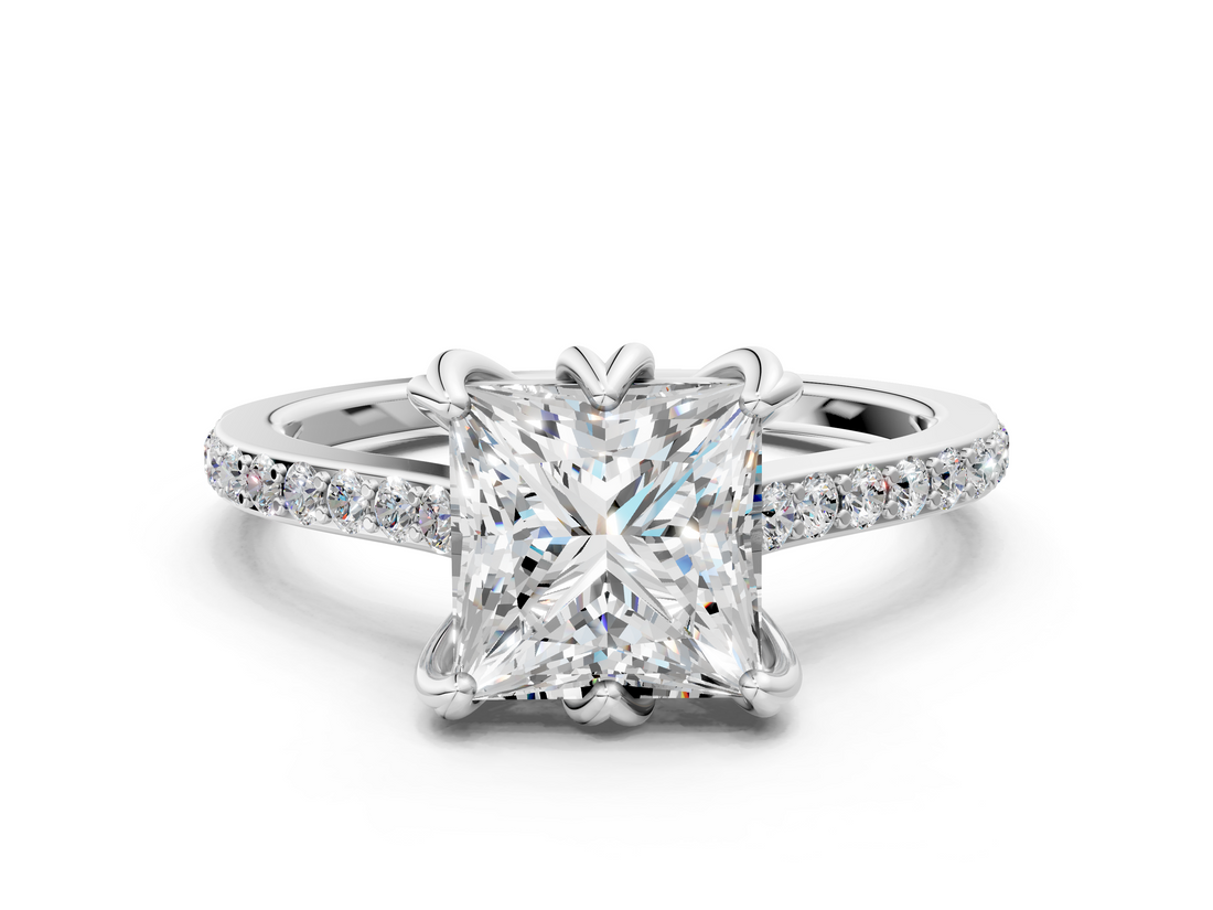 White gold Princess Solitaire Diamond Engagement Ring with Pave Band and Six-Prong Setting_82