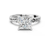 White gold Princess Solitaire Diamond Engagement Ring with XO Engraved Band and Four-Prong Setting