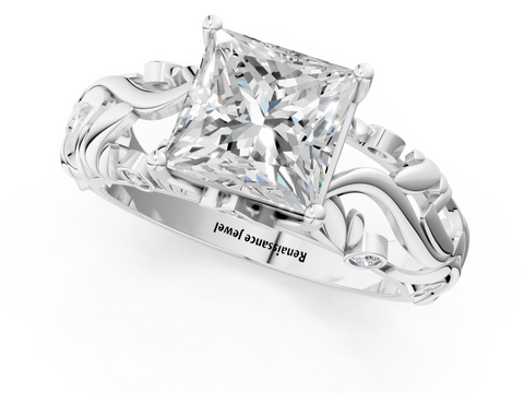 White gold Princess Solitaire Diamond Leaf Vine Band with Prong Setting_61