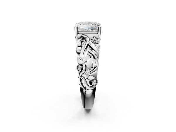 Platinum Princess Cut Leaf Vine Solitaire Engagement Ring Setting with Bezel-Set Accents