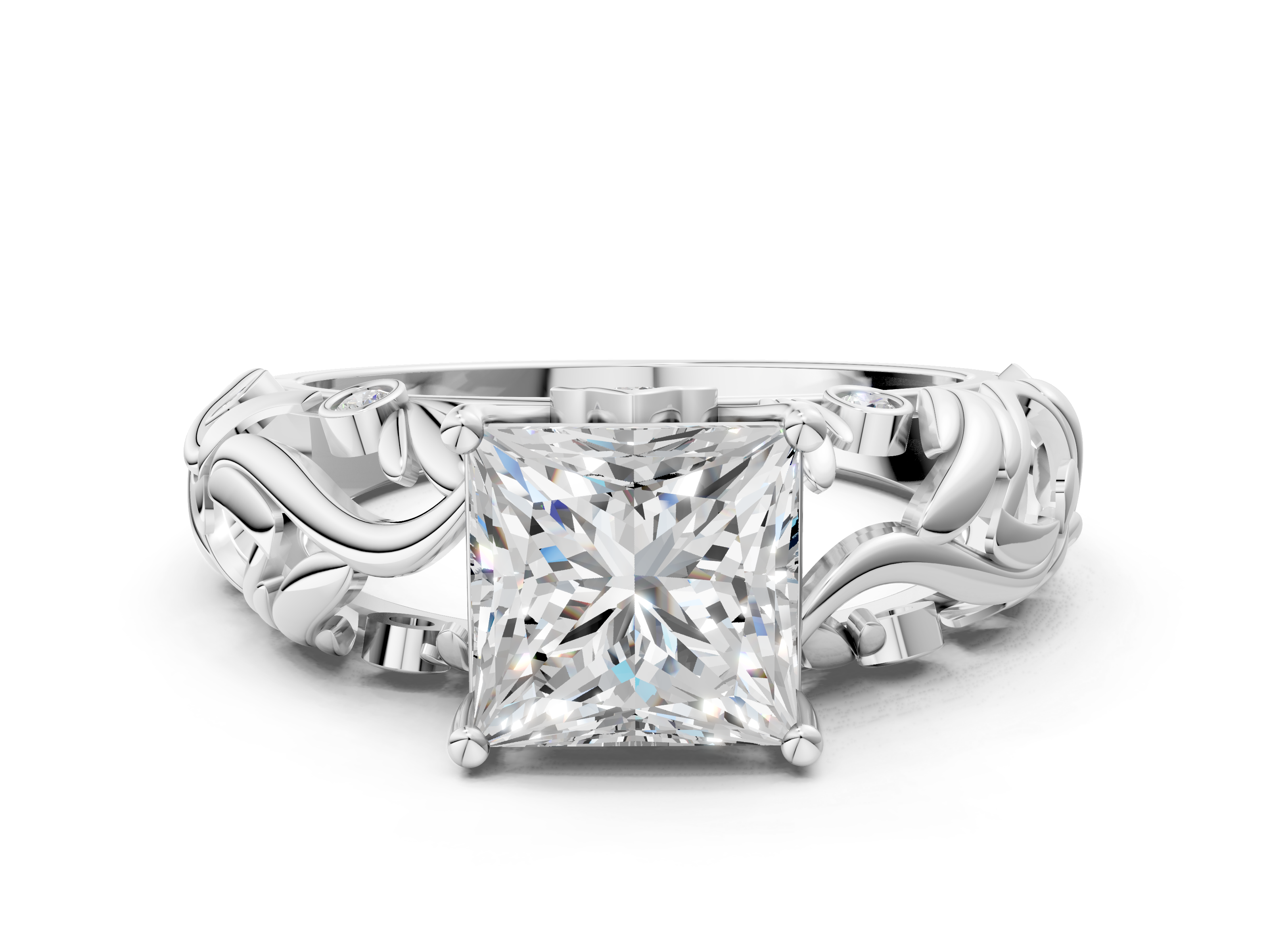 White gold Princess Solitaire Diamond Leaf Vine Band with Prong Setting_64