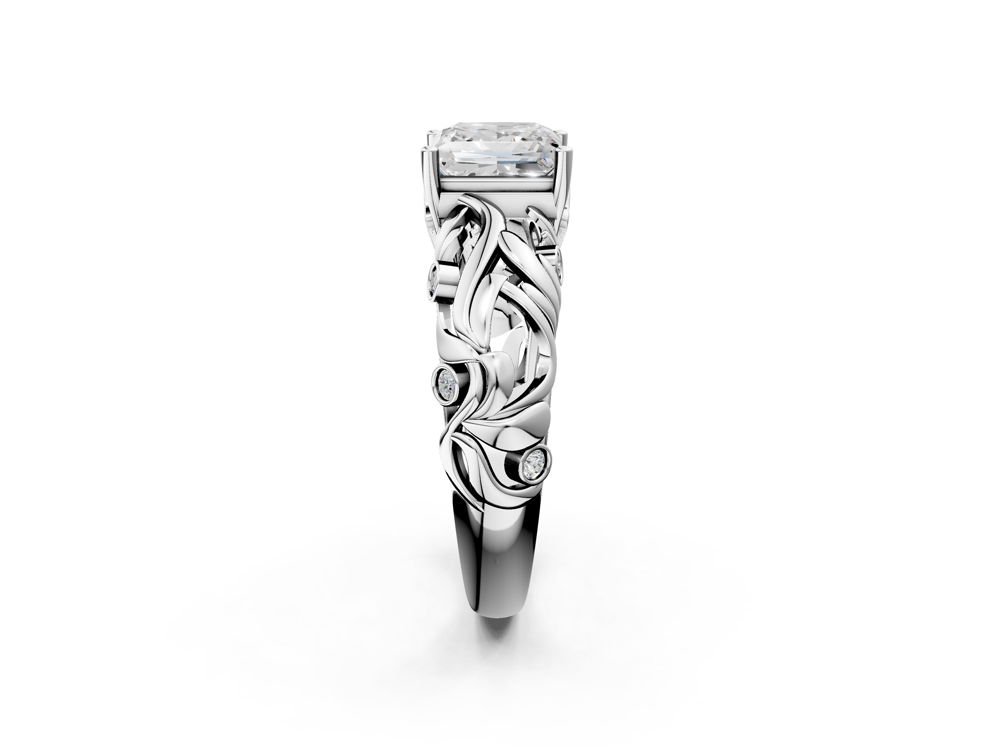 White gold Princess Solitaire Diamond Leaf Vine Band with Prong Setting_66
