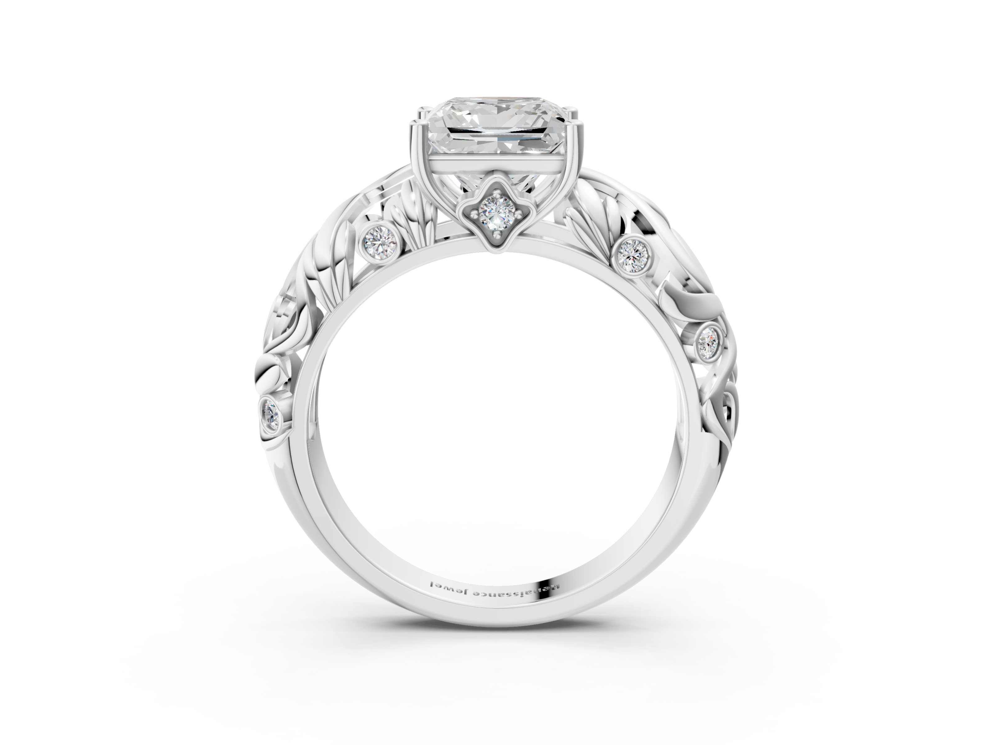 White gold Princess Solitaire Diamond Leaf Vine Band with Prong Setting_67