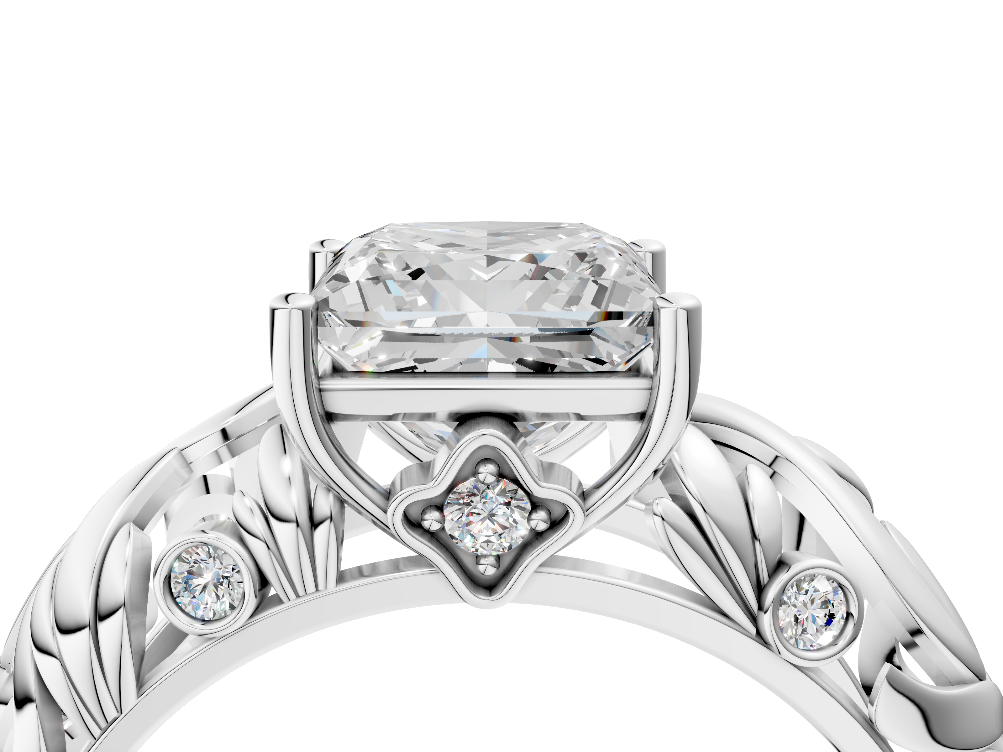 White gold Princess Solitaire Diamond Leaf Vine Band with Prong Setting_68