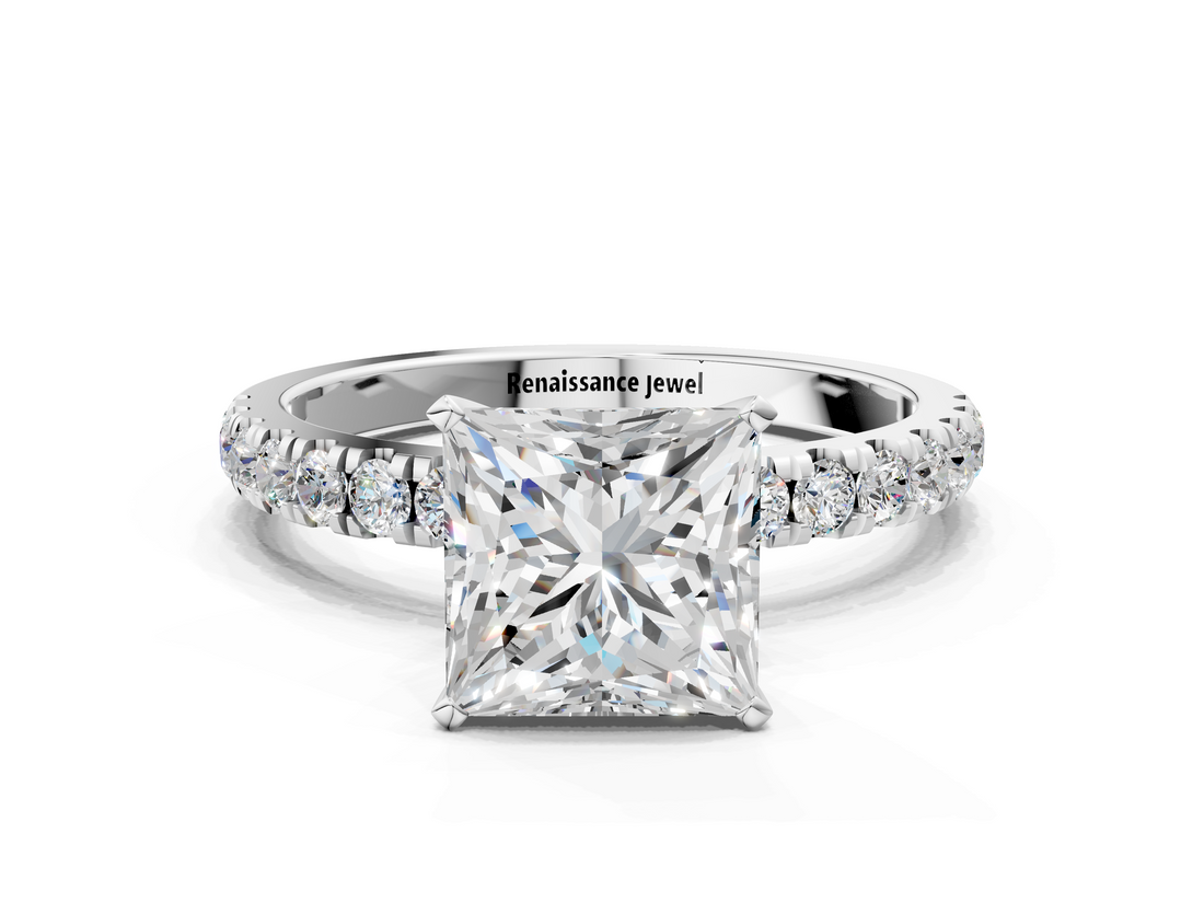 White gold Princess Solitaire Diamond Pavé Band with Four-Prong Setting_111