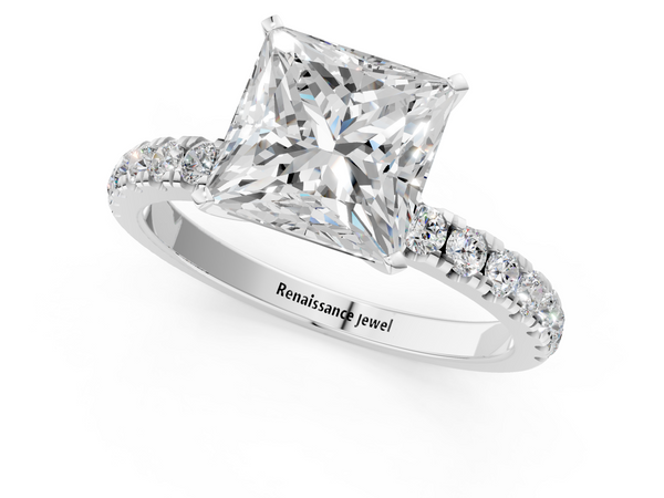 Platinum Princess Cut Solitaire Engagement Ring Setting with Pave Band and Open Basket