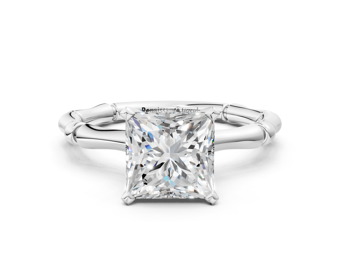 White gold Princess Solitaire Diamond Ring with Bamboo Band and Four-Prong Setting_56