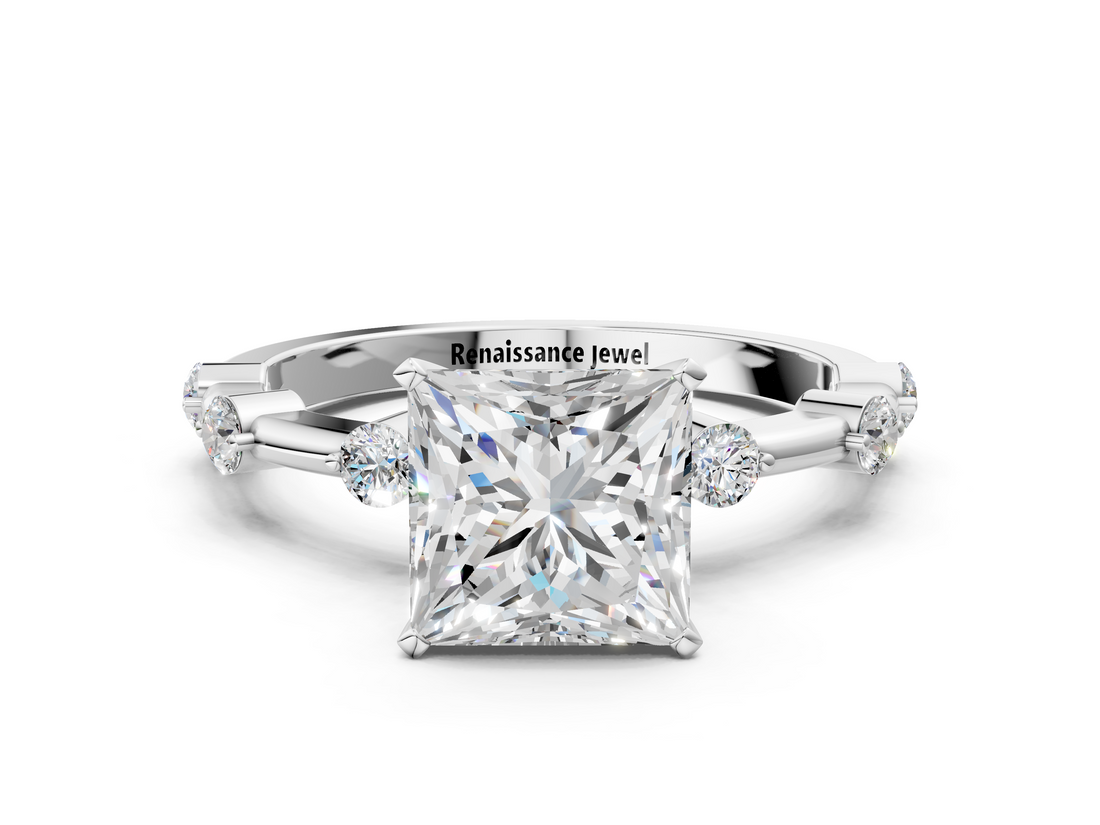 White gold Princess Solitaire Diamond Ring with Bezel Set Side Stones and Prong Setting_24