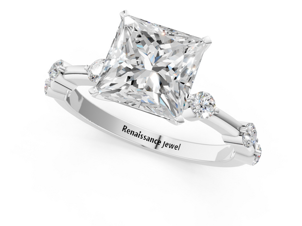 Platinum Princess Cut Side Stone Engagement Ring Setting with Spaced Bar Set Accents