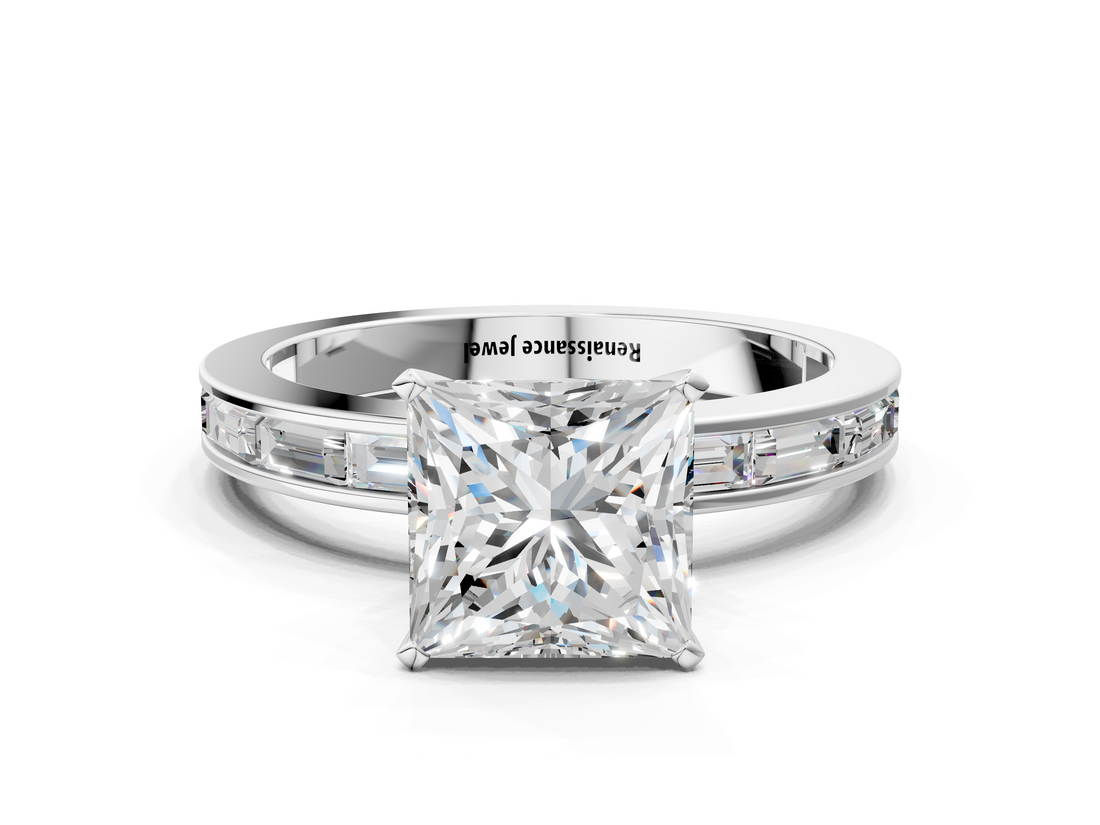 White gold Princess Solitaire Diamond Ring with Channel-Set Baguette Band and Four-Prong Setting_75