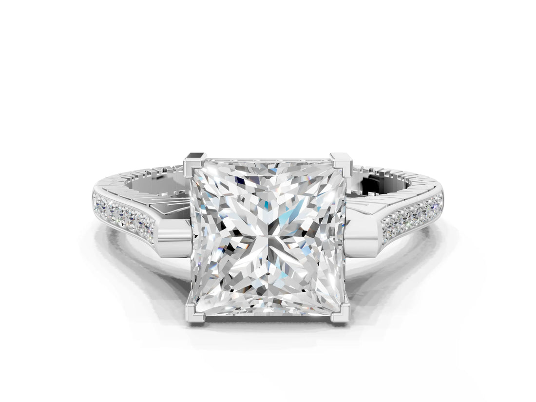 White gold Princess Solitaire Diamond Ring with Channel Set Band and Bezel Prong Setting_56