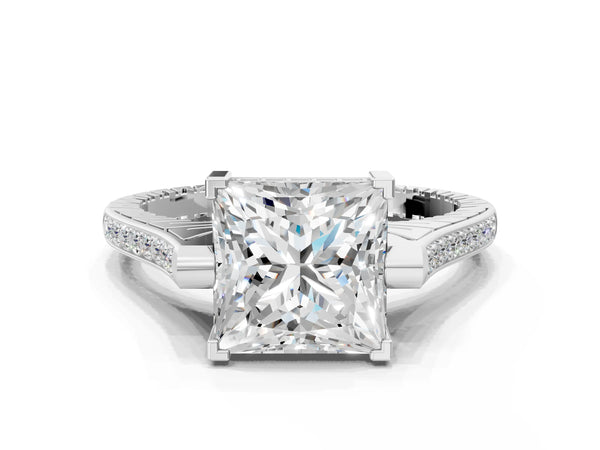 White gold Princess Solitaire Diamond Ring with Channel Set Band and Bezel Prong Setting