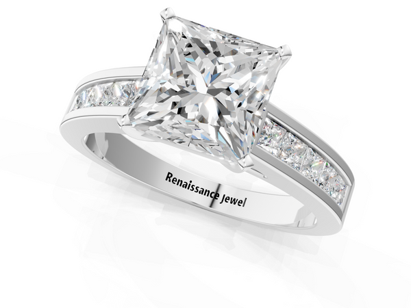 Platinum Princess Cut Solitaire Engagement Ring Setting with Princess Channel Band