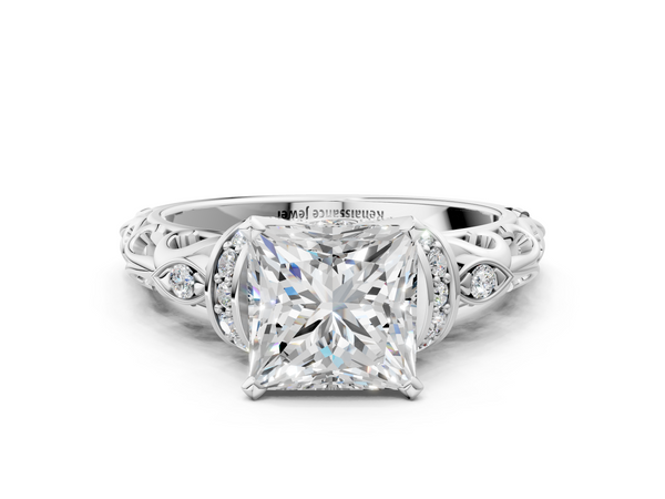Platinum Princess Cut Diamond Solitaire Ring with Filigree Band and Four-Prong Setting