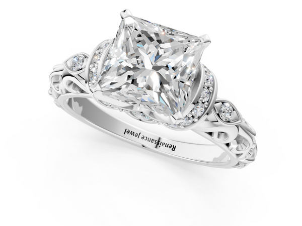 Platinum Princess Cut Diamond Solitaire Ring with Filigree Band and Four-Prong Setting