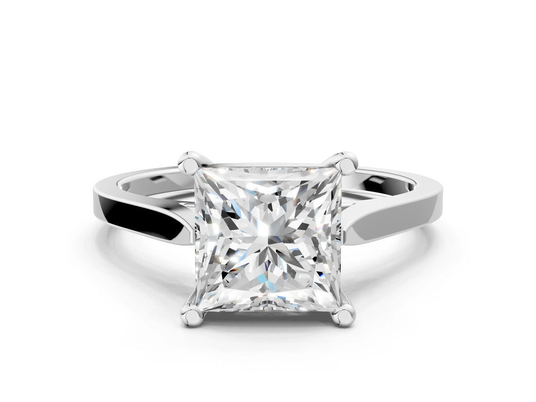 White gold Princess Solitaire Diamond Ring with Four-Prong Setting and Tapered Band