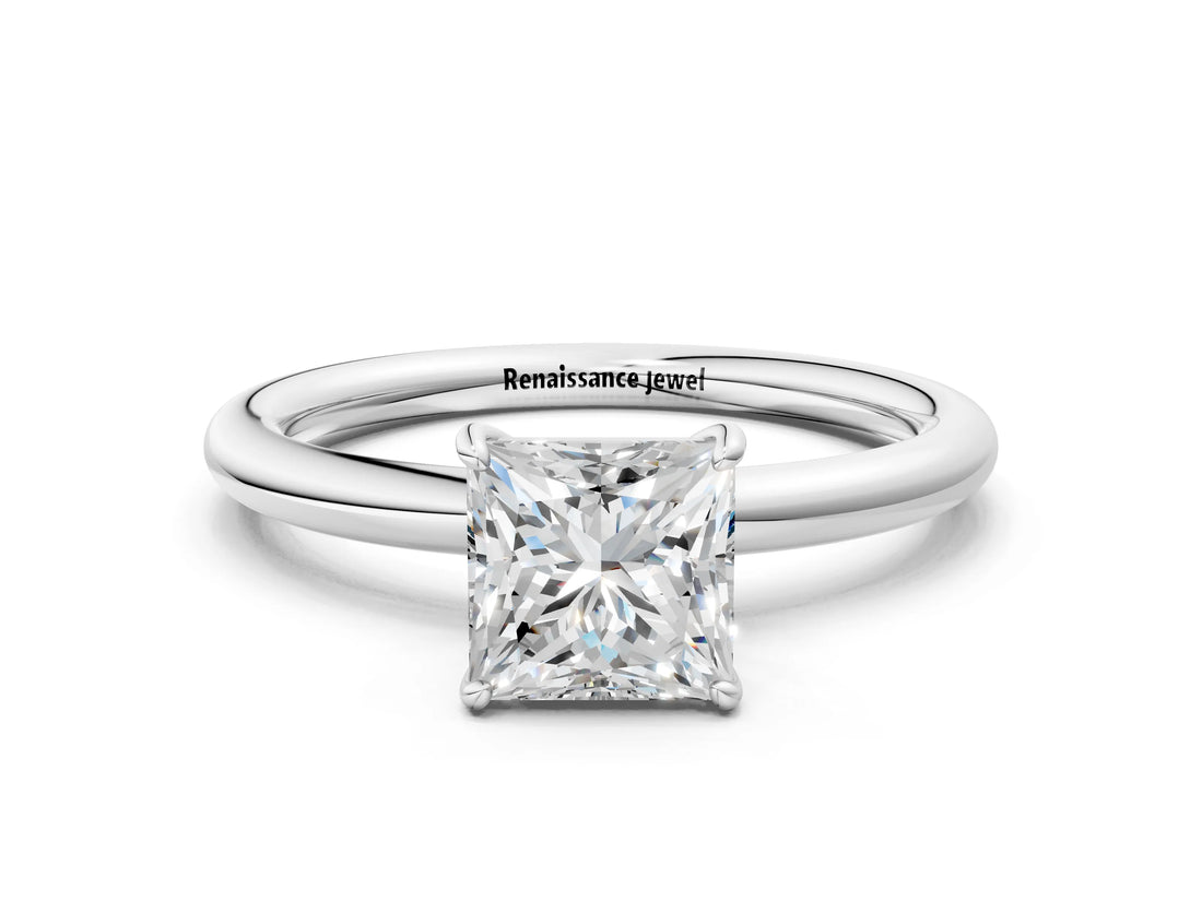 White gold Princess Solitaire Diamond Ring with Four-Prong Setting on a Plain Band_20