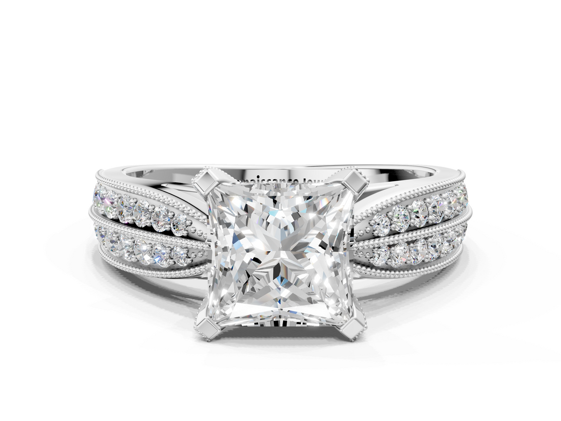 White gold Princess Solitaire Diamond Ring with Milgrain Pavé Band and Four-Prong Setting_124