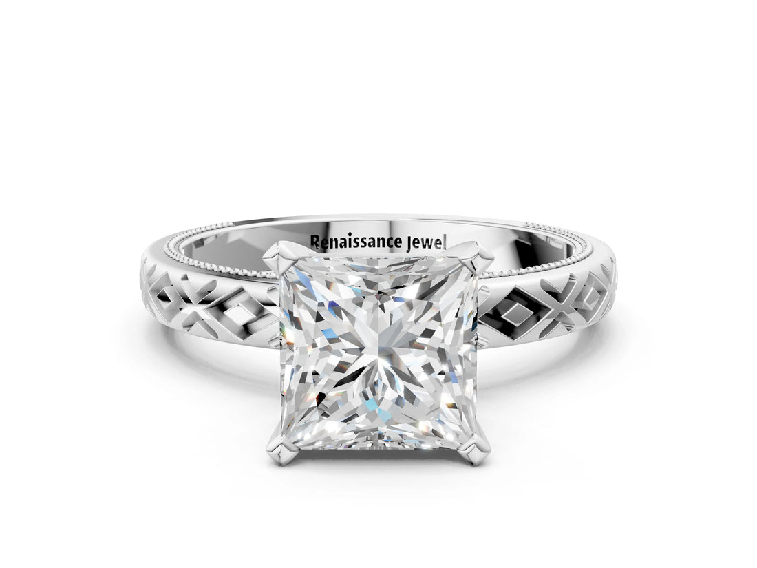 White gold Princess Solitaire Diamond Ring with Milgrain and Black Enamel X Pattern Band_213