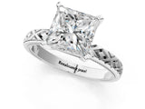 White gold Princess Solitaire Diamond Ring with Milgrain and Black Enamel X Pattern Band_214