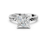 White gold Princess Solitaire Diamond Ring with Milgrain and Black Enamel X Pattern Band_215