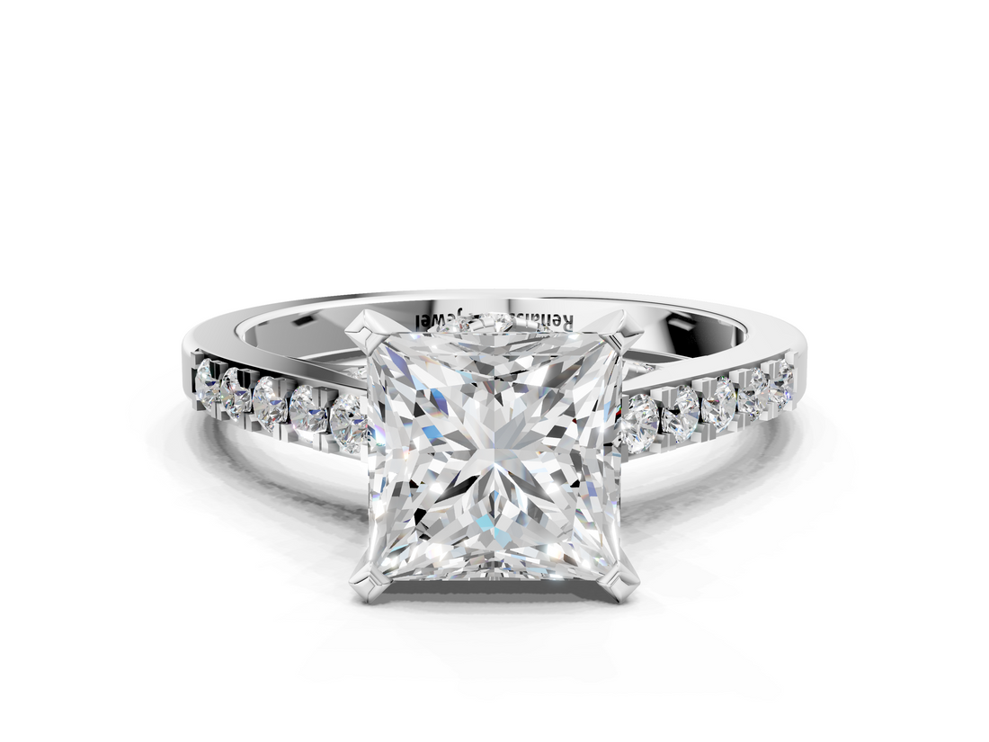 White gold Princess Solitaire Diamond Ring with Pavé Band and Four-Prong Setting_140