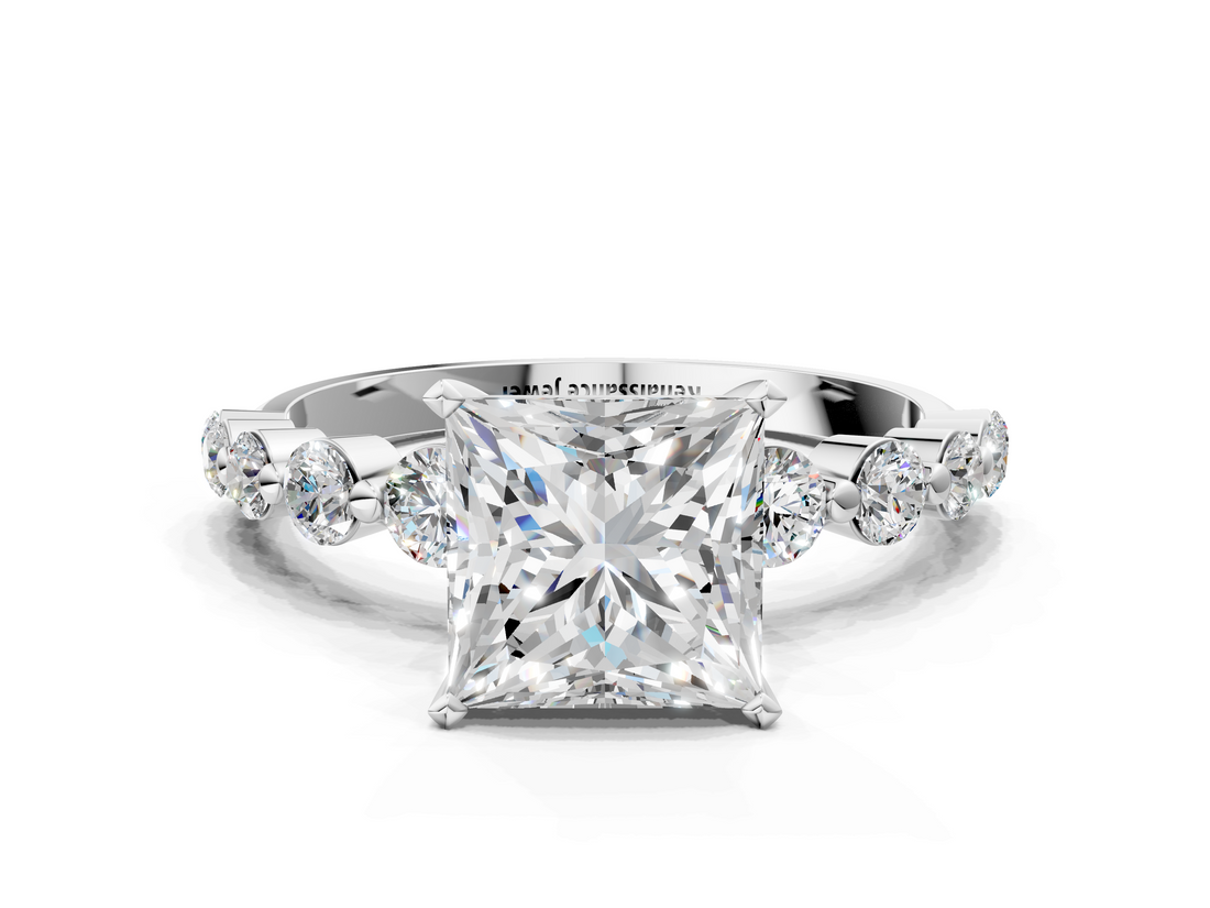White gold Princess Solitaire Diamond Ring with Pave Band and Four-Prong Setting_236