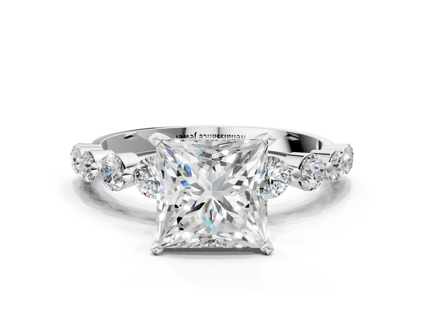 White gold Princess Cut Solitaire Diamond Ring with Pave Band and Four-Prong Setting