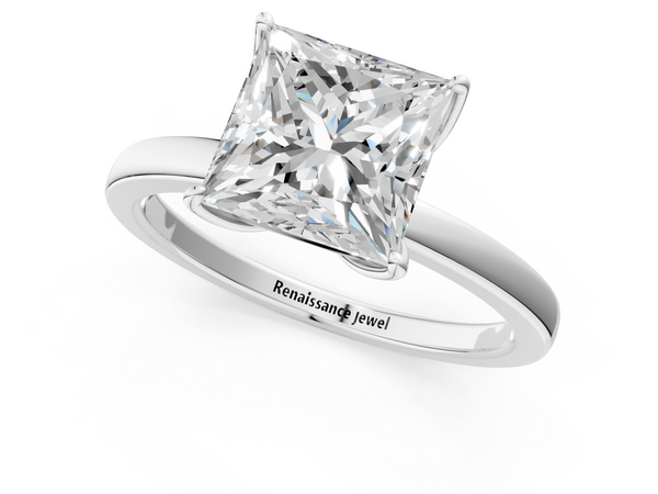 White gold Princess Solitaire Diamond Ring with Thin Band and Four-Prong Setting