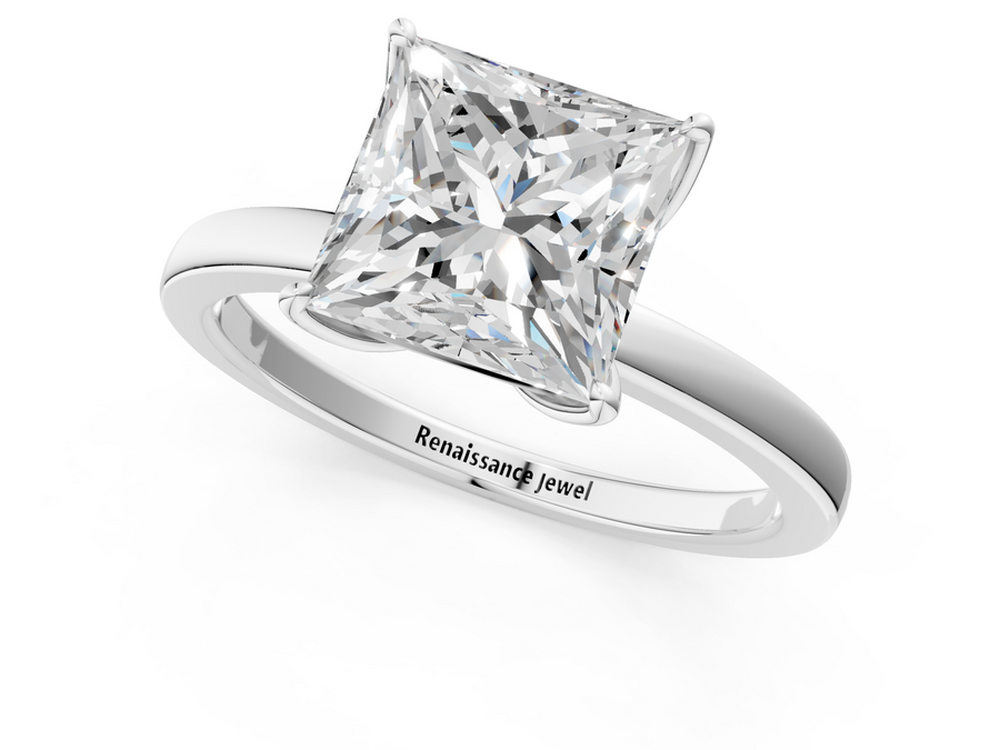 White gold Princess Solitaire Diamond Ring with Thin Band and Four-Prong Setting