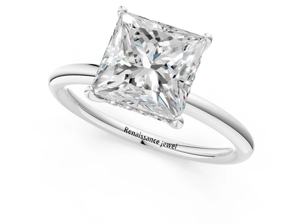 White gold Princess Solitaire Diamond Ring with a Classic Band and Four-Prong Setting