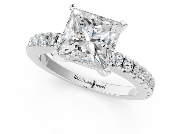 White gold Princess Solitaire Diamond with Pavé Band and Four-Prong Setting