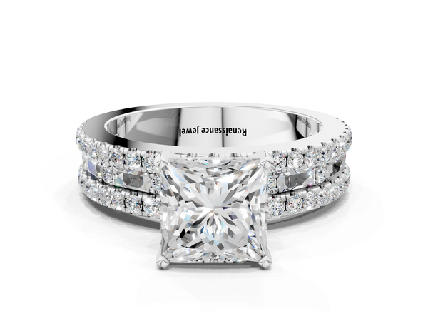 Platinum 3.05 Carat E VVS1 Princess Diamond Solitaire Ring with Pavé and Channel Set Band