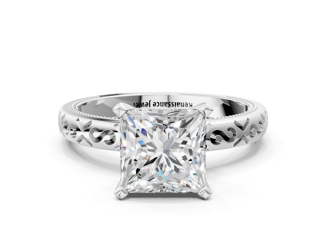 White gold Princess Solitaire Engagement Ring with Scrollwork Band and Four-Prong Setting_165
