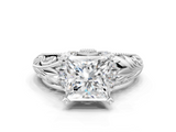 White gold Princess Solitaire Filigree Engagement Ring with Halo and Prong Setting_91
