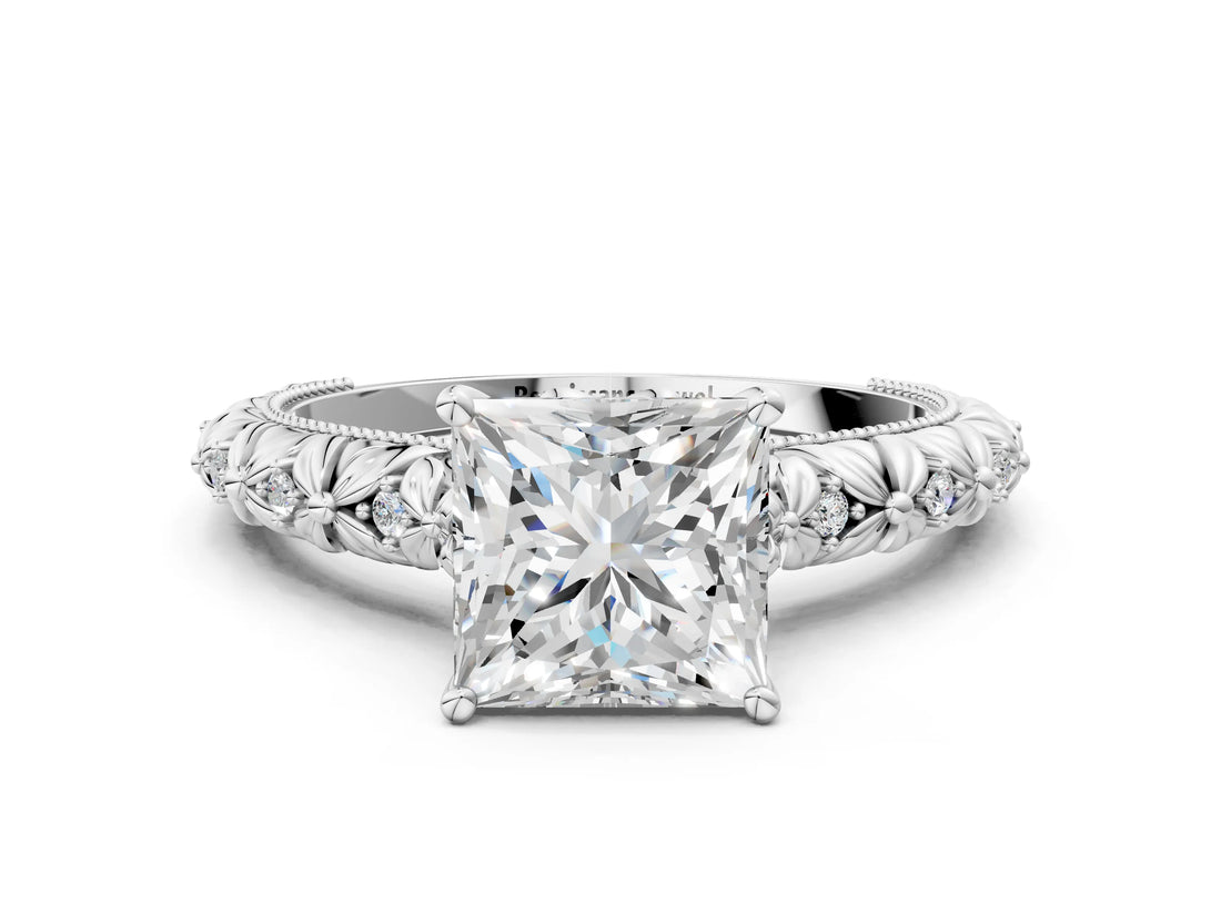 White gold Princess Solitaire Floral Milgrain Engagement Ring_31