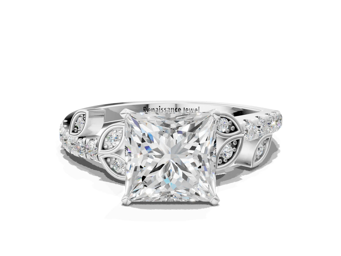 White gold Princess Solitaire Leaf-Inspired Diamond Ring with Pavé Band and Four-Prong Setting_12