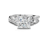 White gold Princess Solitaire Leaf-Inspired Diamond Ring with Pavé Band and Four-Prong Setting_12