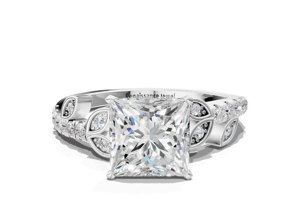 White gold Princess Solitaire Leaf-Inspired Diamond Ring with Pavé Band and Four-Prong Setting