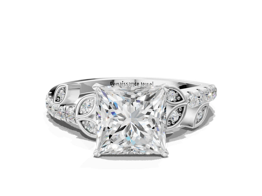 White gold Princess Solitaire Leaf-Inspired Diamond Ring with Pavé Band and Four-Prong Setting