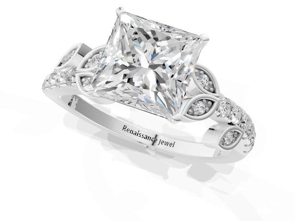 Platinum Princess Cut Leaf Solitaire Engagement Ring Setting with Pave Band