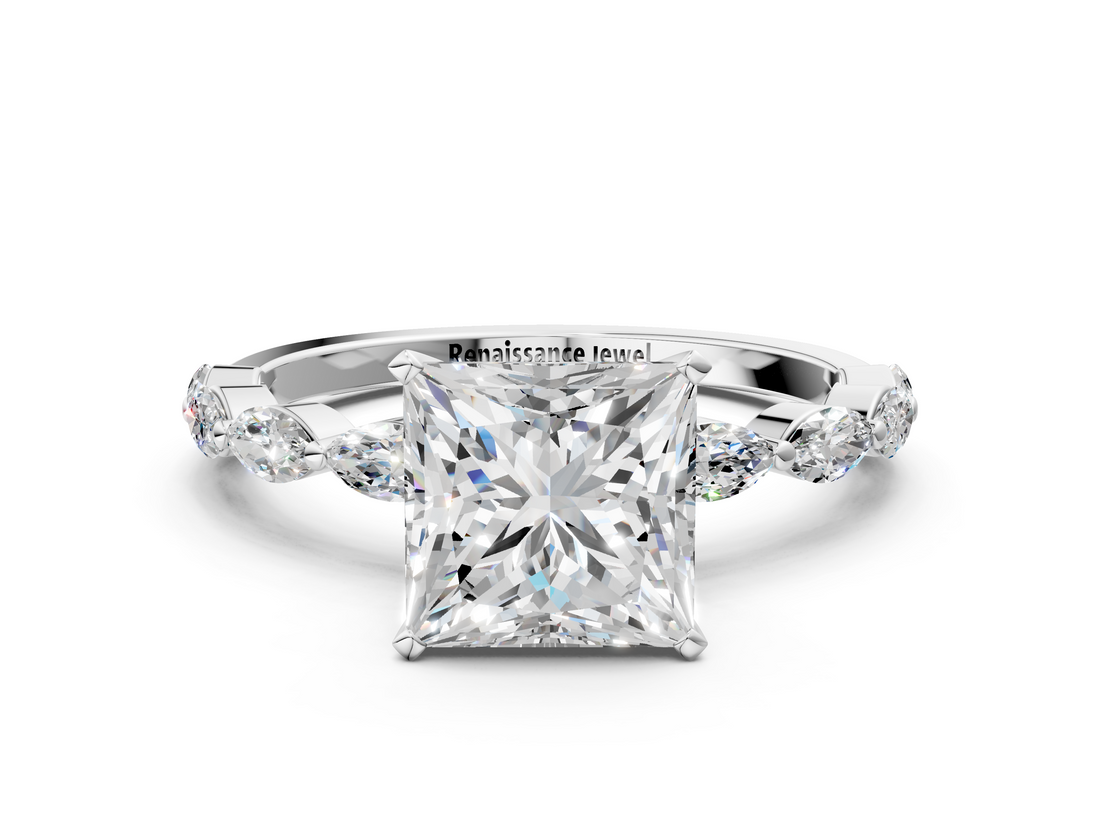White gold Princess Solitaire Marquise Side Stone Prong Setting Ring_89