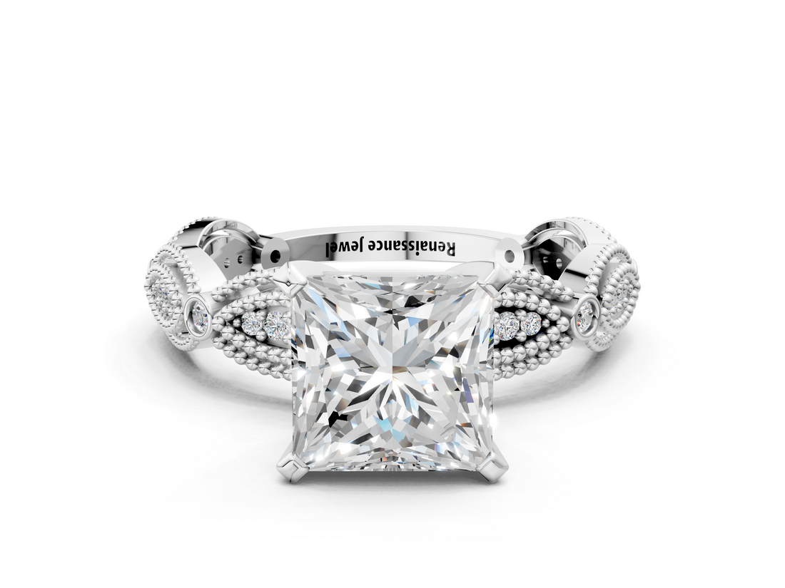 White gold Princess Solitaire Milgrain Diamond Engagement Ring with Bezel and Marquise Band_149