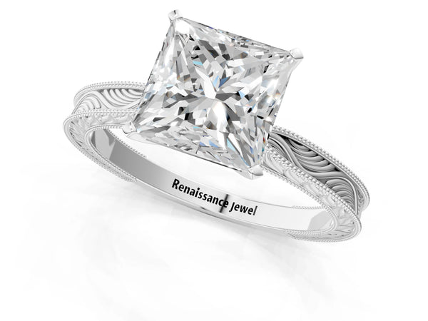 Platinum Princess Cut Vintage Solitaire Engagement Ring Setting with Milgrain Engraved Band