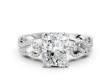 White gold Princess Solitaire Milgrain Leaf Band with Prong Setting_3