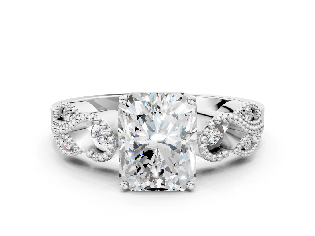 White gold Princess Solitaire Milgrain Leaf Band with Prong Setting_3