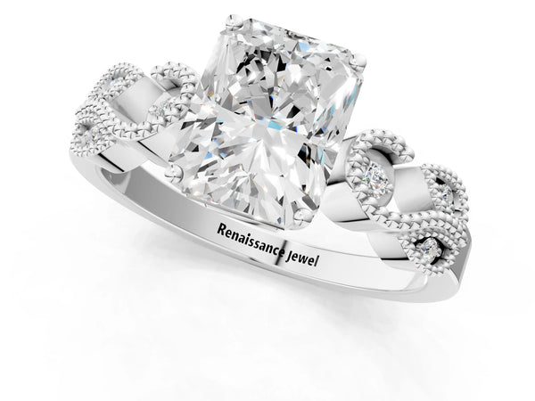 Platinum Princess Cut Vintage Solitaire Engagement Ring Setting with Milgrain Leaf Shoulders