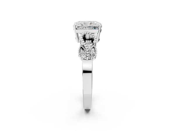 Sterling Silver Princess Cut Vintage Solitaire Engagement Ring Setting with Milgrain Leaf Shoulders