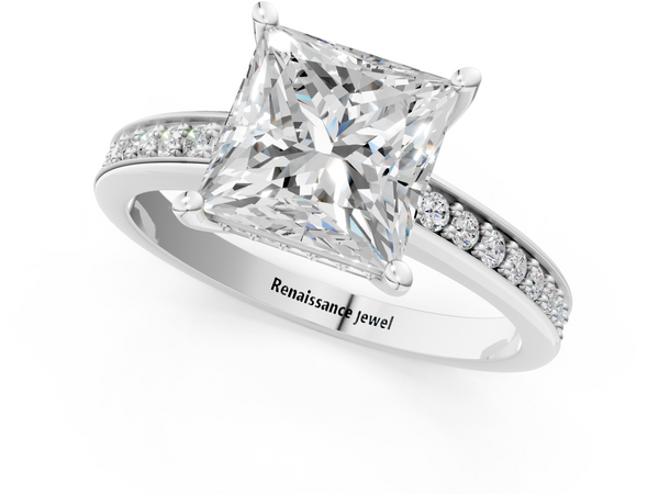 10K White Gold 1.96 Carat D VS1 Princess Solitaire Pavé Band Prong Setting Ring