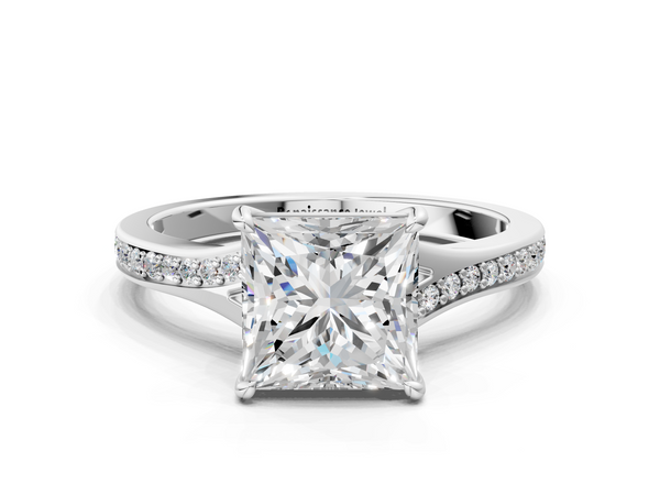 White gold Princess Cut Diamond Solitaire Ring with Pavé Band and Prong Setting